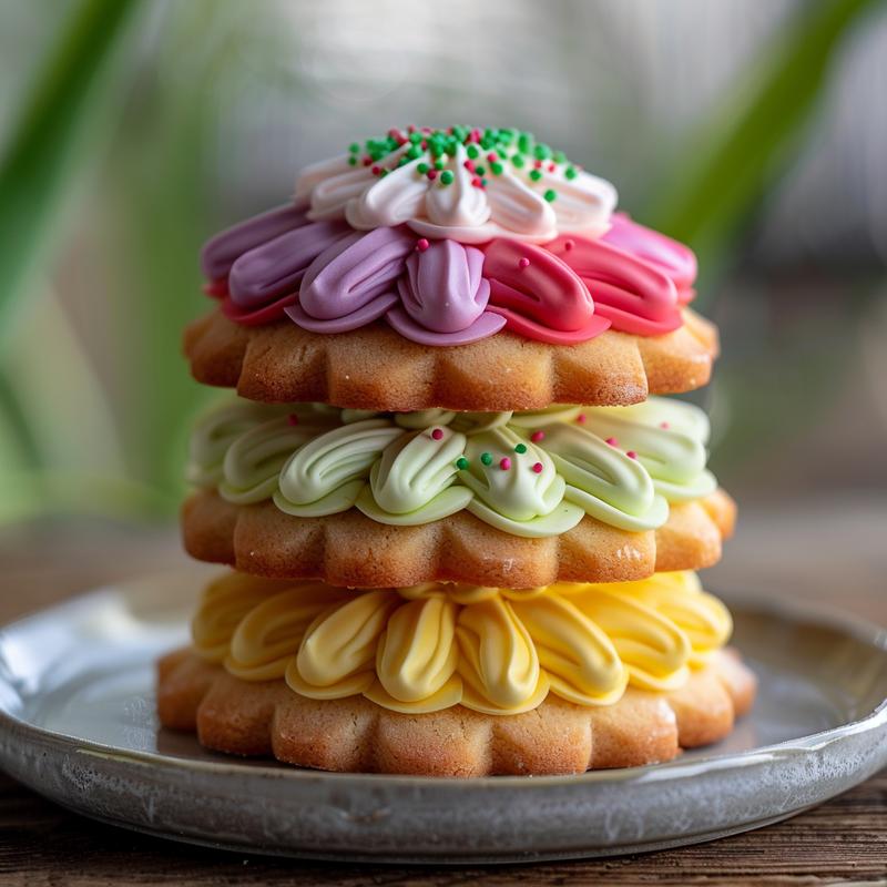 Stack of three tulip-shaped sugar cookies decorated with colorful royal icing on a light grey plate.