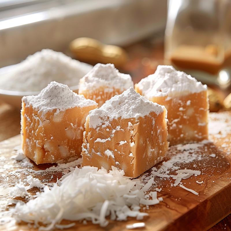 Close-up of Irish potato candy resembling small potatoes covered in coconut.