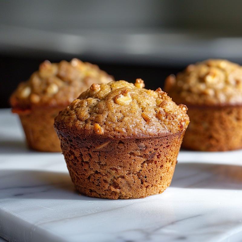 Close-up of moist banana bread muffins on a white marble surface with soft shadows.
