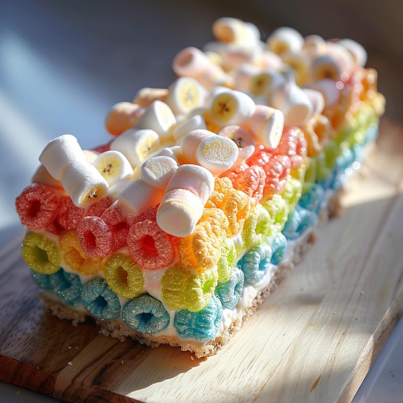 Close-up of Fruit Loop marshmallow rainbows on light wood.