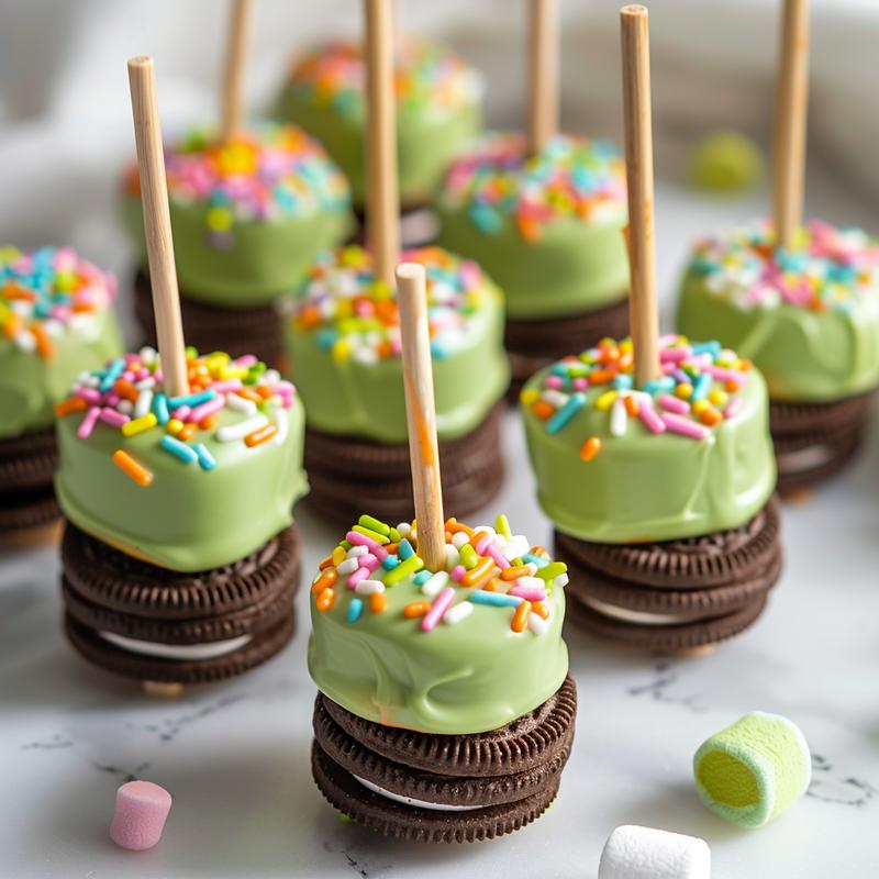 Close-up of St. Patrick's Day Oreo pops with green coating and rainbow sprinkles.