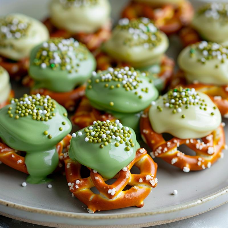 Close-up of green candy-coated pretzel bites with shamrock sprinkles.