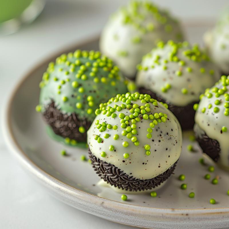 Close-up of green-coated Oreo truffles on a light grey plate.