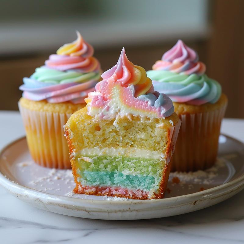 Close-up of a rainbow buttercream Easter cupcake slice on a white marble surface.