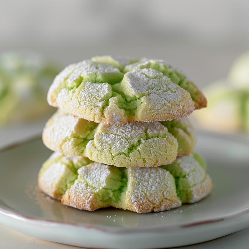 Stack of three green crinkle cookies on a light grey plate.