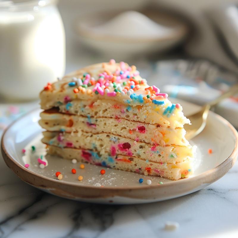 Close-up of a slice of colorful funfetti pancake on a white plate.