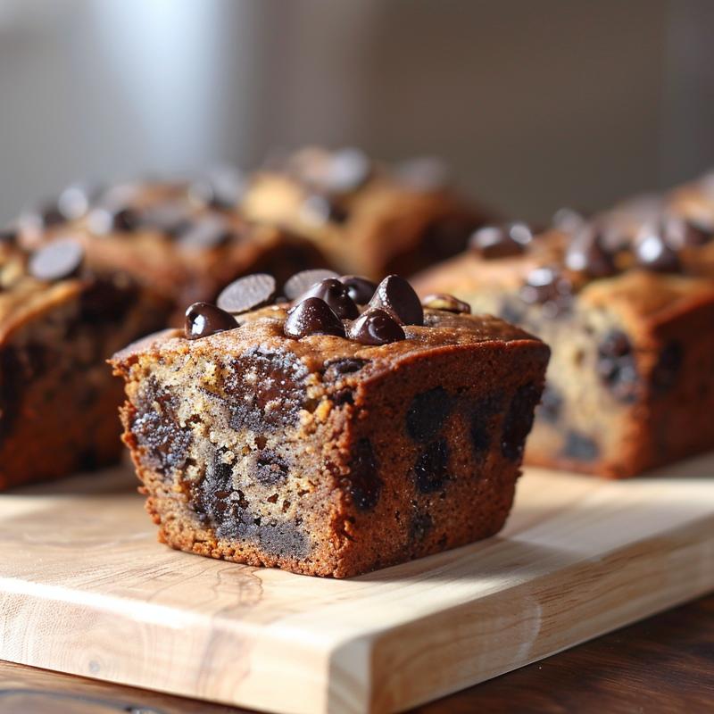 Close-up of mini loaves of chocolate chip banana bread on a wooden board.