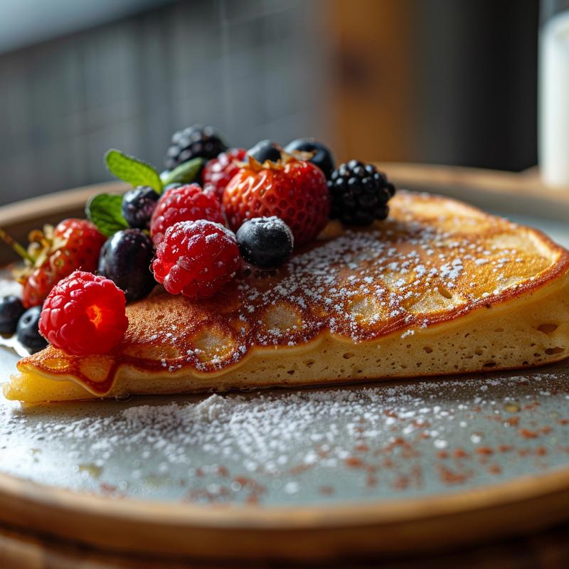 Close-up of heart-shaped pancakes with berries on a plate.