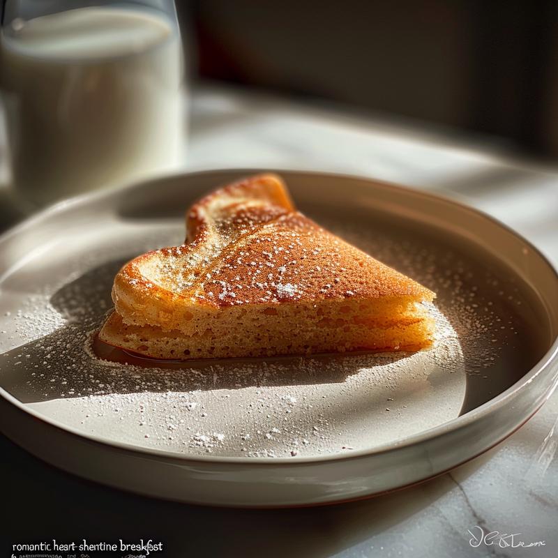 Heart-shaped pancake slice on white marble.