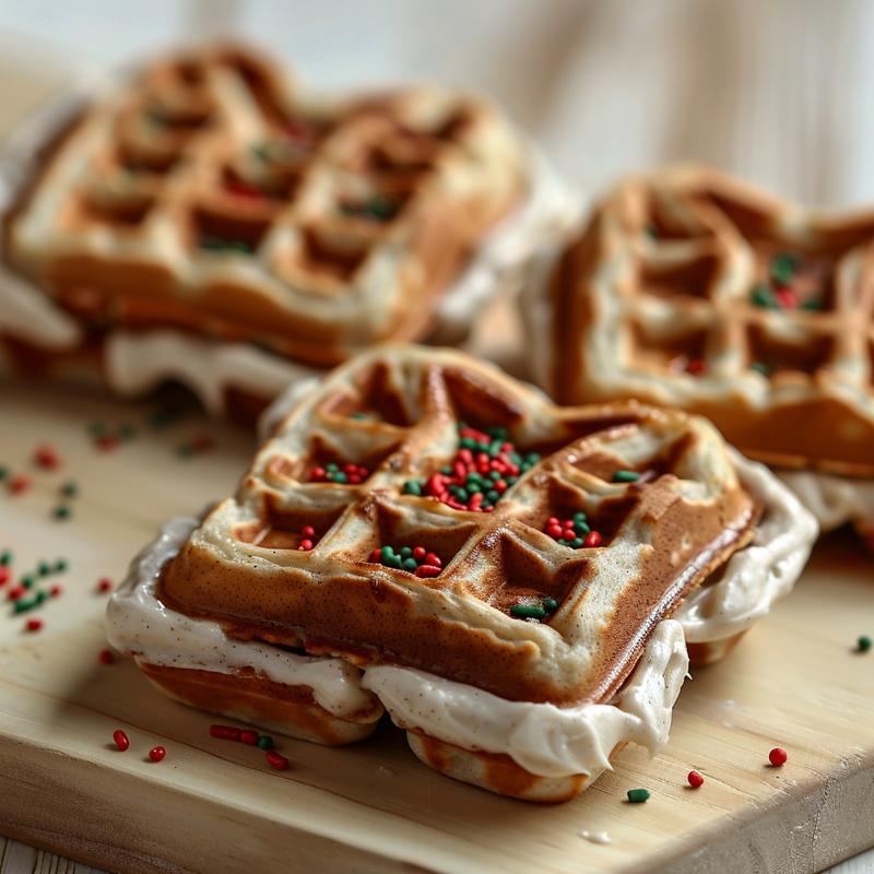 Close-up of heart-shaped cinnamon roll waffles with frosting and sprinkles on a light wood board.