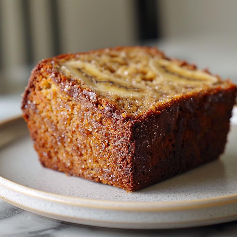 Close-up of a slice of brown sugar banana bread on a grey ceramic plate.