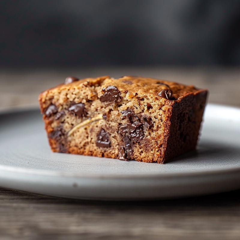A close-up shot of a slice of chocolate chip banana bread on a light grey plate, showcasing its texture.