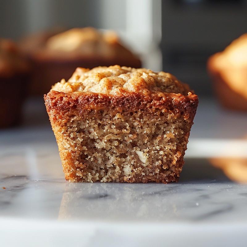 A close-up view of a banana bread muffin on a white marble surface, showcasing its texture and crumb.