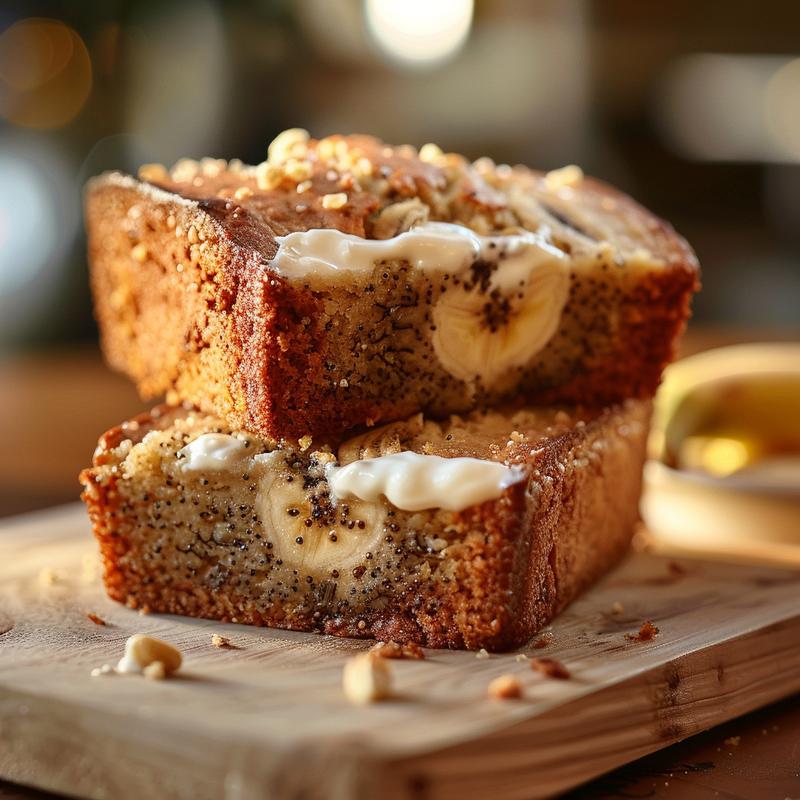 A close-up of a moist slice of banana bread with sour cream on a light wood board, showcasing its texture.