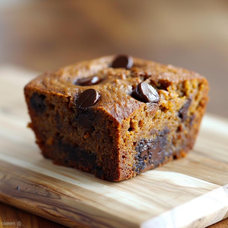 Close-up of a slice of pumpkin chocolate chip banana bread on a light wood board.