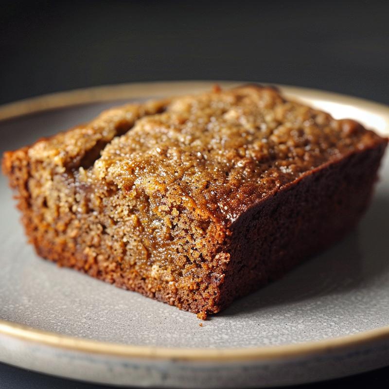 Close-up image of a slice of flourless banana bread on a light grey ceramic plate, showcasing its texture and rich color.