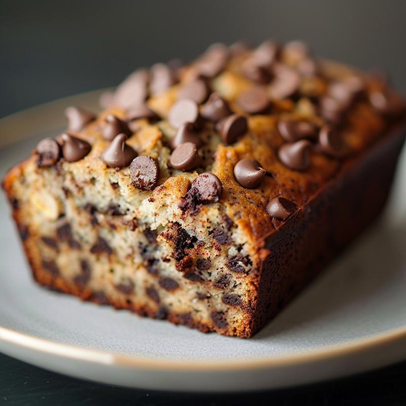 A close-up view of a slice of healthy chocolate chip banana bread on a grey ceramic plate.