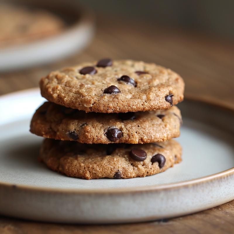 A stack of three healthy banana bread chocolate chip cookies on a light grey plate, captured in a close-up with soft natural lighting.