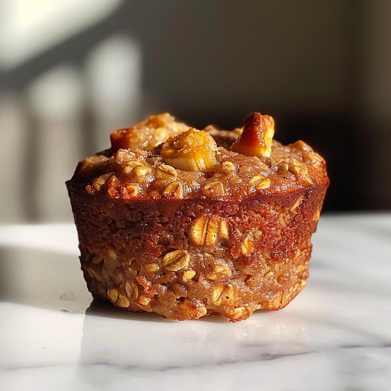 Close-up of healthy banana oatmeal muffins on a white marble surface, showcasing their texture.