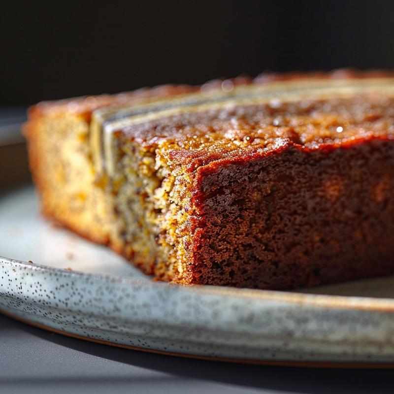Close-up of a slice of low calorie banana bread on a light grey plate, showcasing its texture and details.