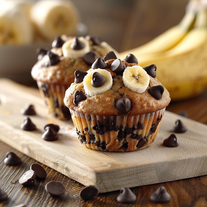 A close-up view of banana chocolate chip muffins on a wood board, showcasing their texture and details.