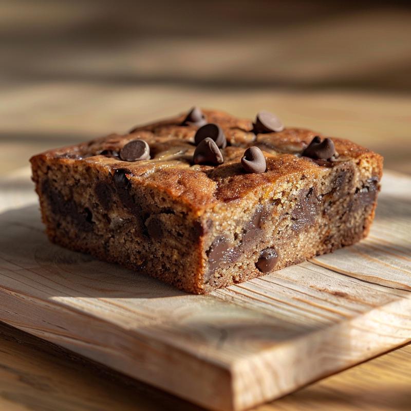 Close-up of a slice of high protein banana bread with chocolate chips on a wooden board.