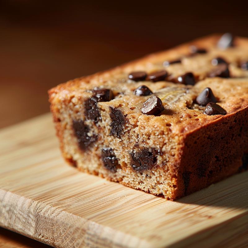 Close-up view of a slice of sourdough chocolate chip banana bread on a wooden board.