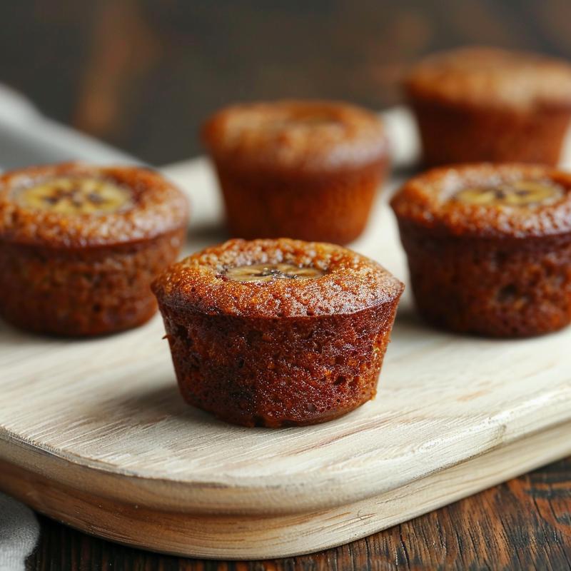 Close-up of a golden-brown low carb keto banana muffin on a light wood board.