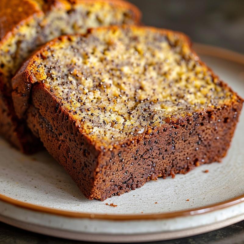 Close-up of a slice of banana bread with oil on a light grey ceramic plate.