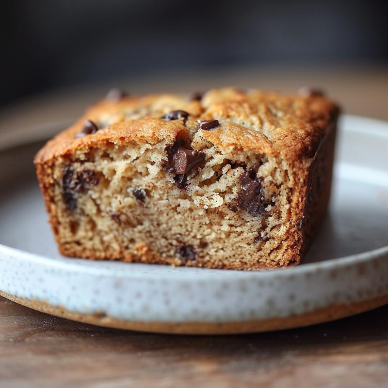 Close-up of a slice of sourdough banana bread with chocolate chips on a light grey ceramic plate.