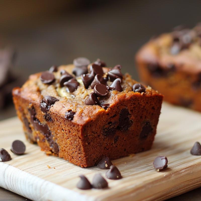 Close-up of a moist slice of banana bread with chocolate chips, set on a light wood board.