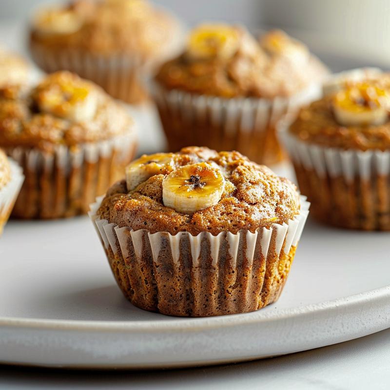Close-up of Greek yogurt banana muffins on a light grey plate.