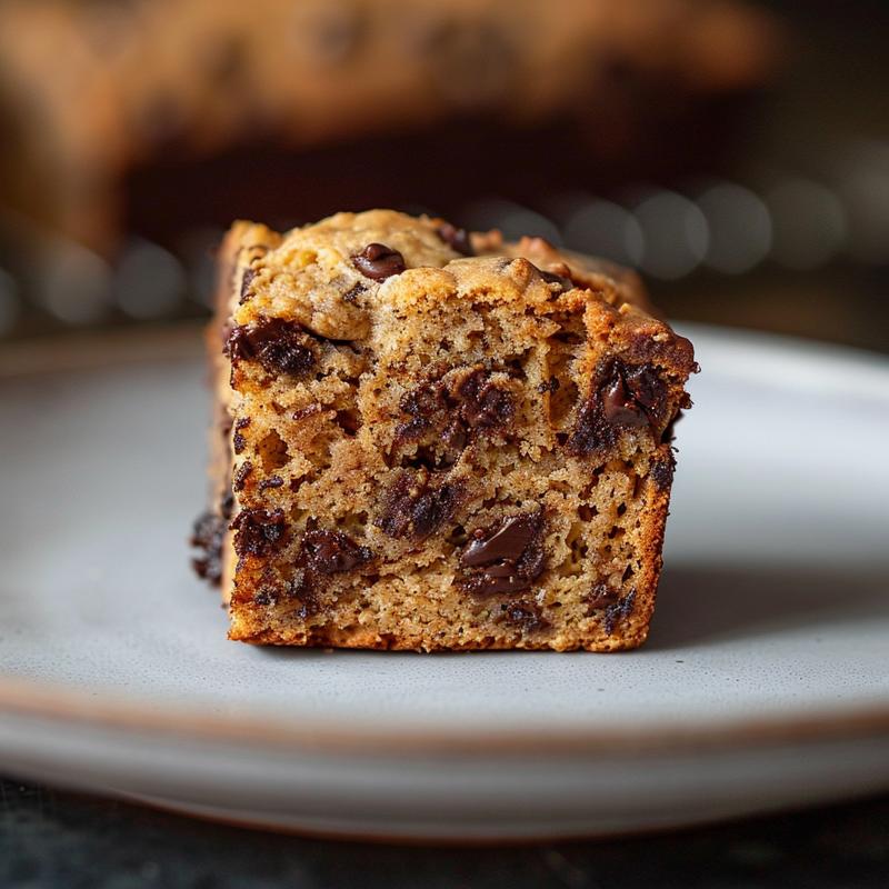 Close-up of a slice of brown butter chocolate chip banana bread on a light grey plate.