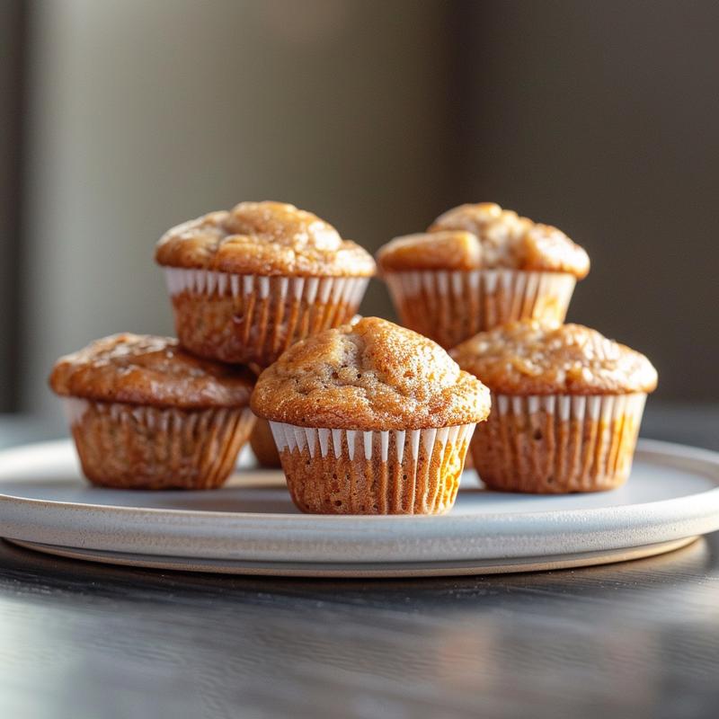 A close-up of mini banana muffins on a light grey ceramic plate, showcasing their texture and golden-brown tops.