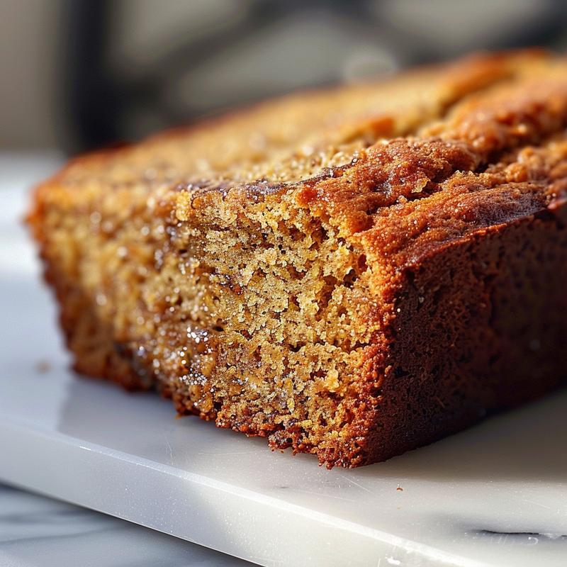 Close-up of a slice of 3-ingredient banana bread on a white marble surface.