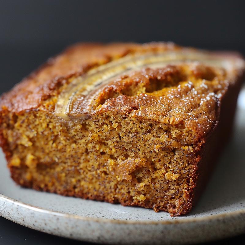 Close-up of a slice of brown butter pumpkin banana bread on a light grey plate.