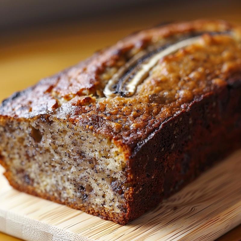 Close-up of a slice of banana bread with a smooth texture on a wooden board.