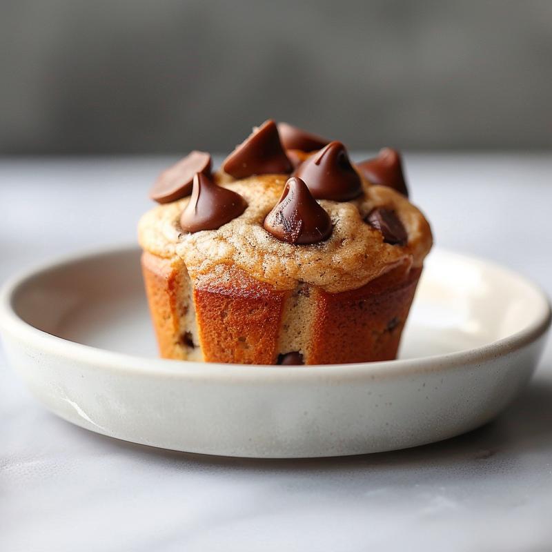Close-up of a brown butter banana chocolate chip muffin on a light grey plate, showcasing its texture.