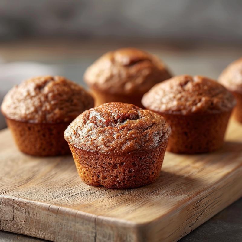 A close-up of a golden brown banana bread muffin on a light wood board, showcasing its texture.