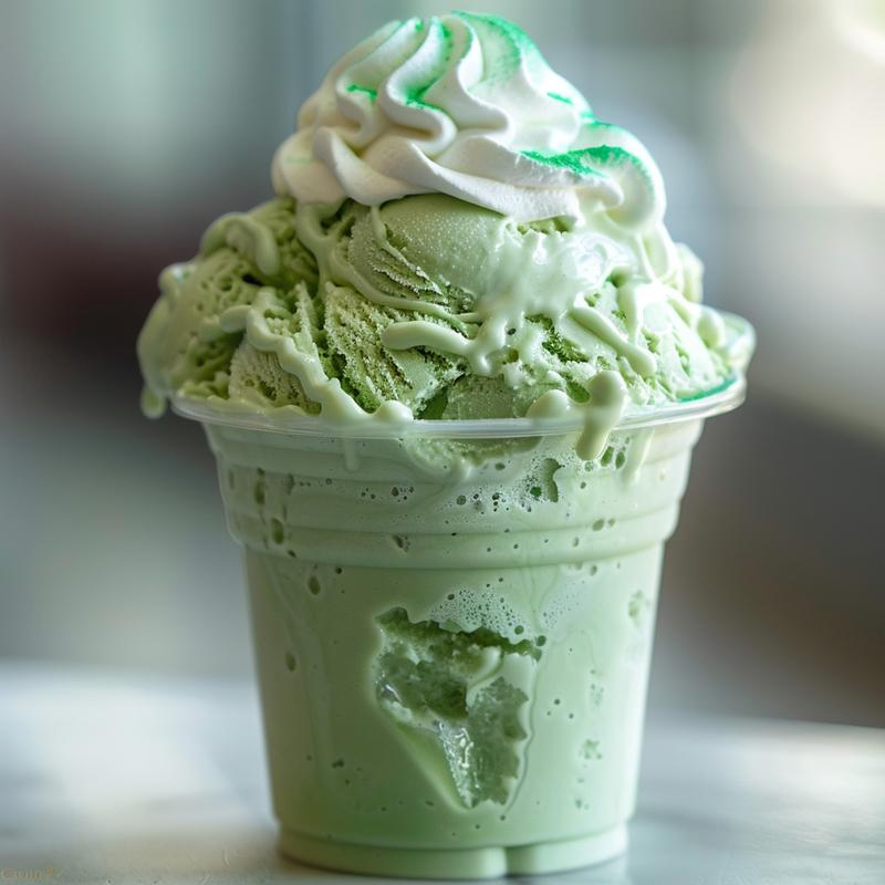 Close-up of a green Shamrock Shake with whipped cream on a white surface.