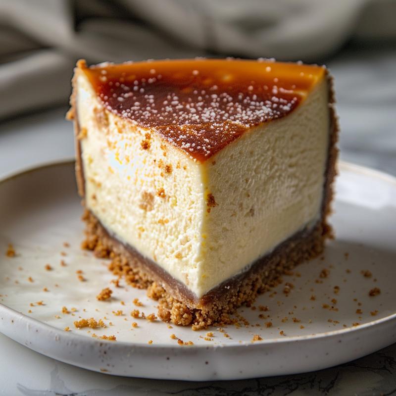 Slice of Baileys cheesecake on white marble.