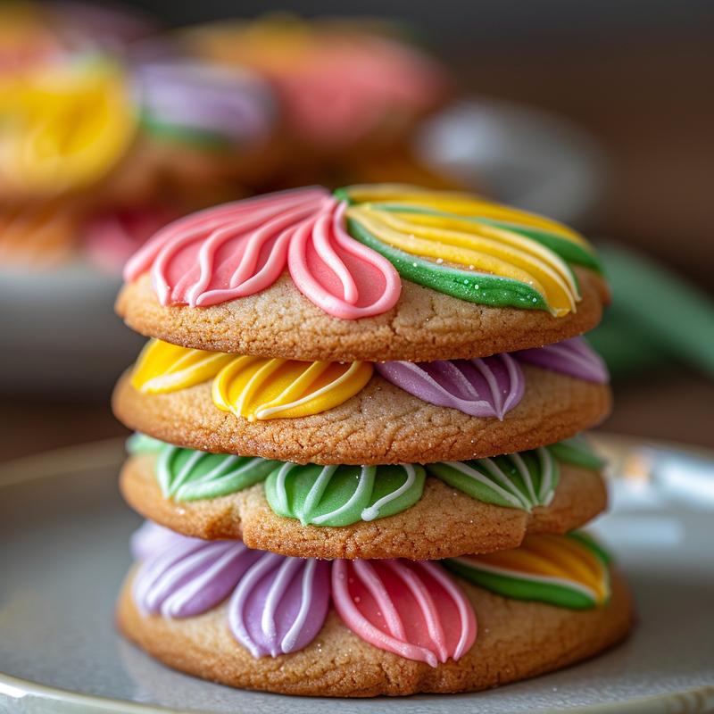 Stack of three tulip-shaped sugar cookies decorated with colorful royal icing on a light grey plate.