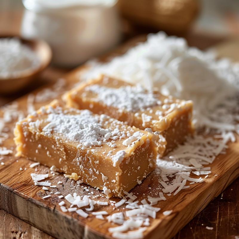 Close-up of Irish potato candy resembling small potatoes covered in coconut.