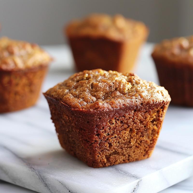 Close-up of moist banana bread muffins on a white marble surface with soft shadows.