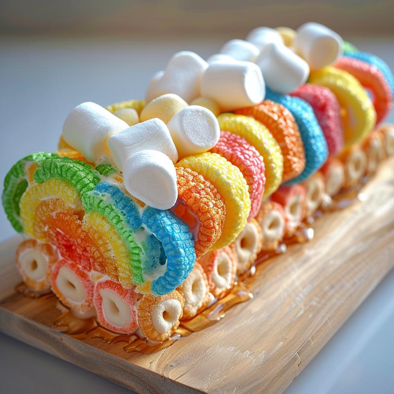 Close-up of Fruit Loop marshmallow rainbows on light wood.