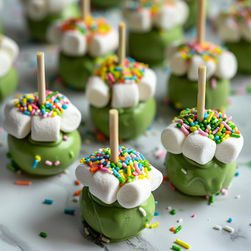 Close-up of St. Patrick's Day Oreo pops with green coating and rainbow sprinkles.