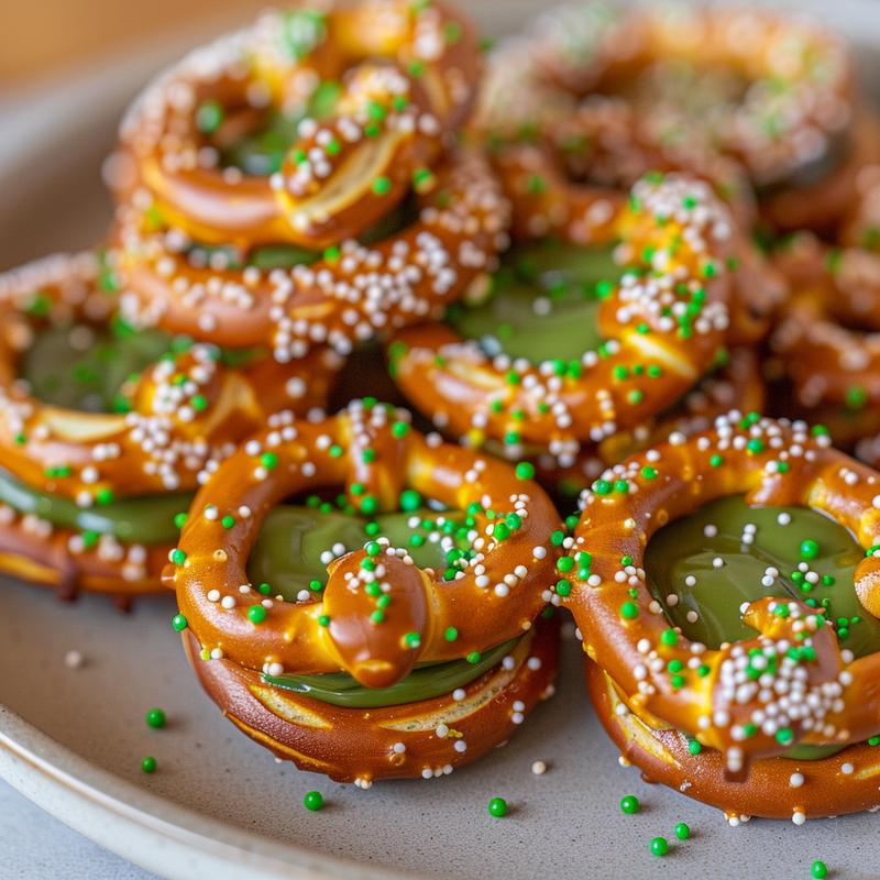 Close-up of green candy-coated pretzel bites with shamrock sprinkles.