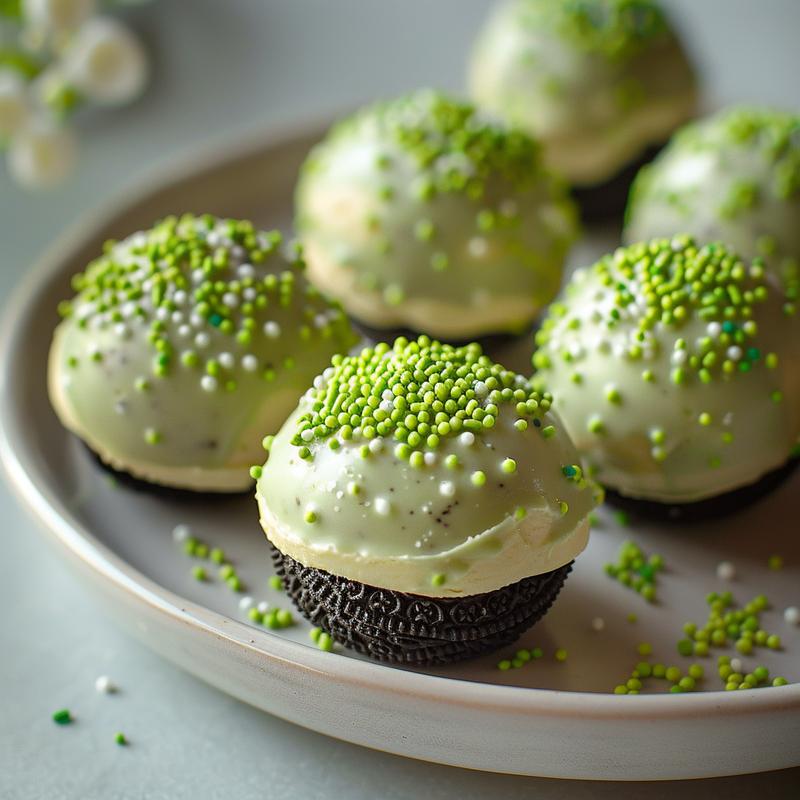 Close-up of green-coated Oreo truffles on a light grey plate.