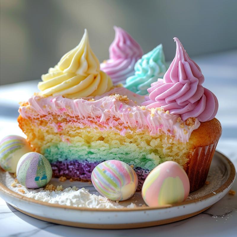 Close-up of a rainbow buttercream Easter cupcake slice on a white marble surface.