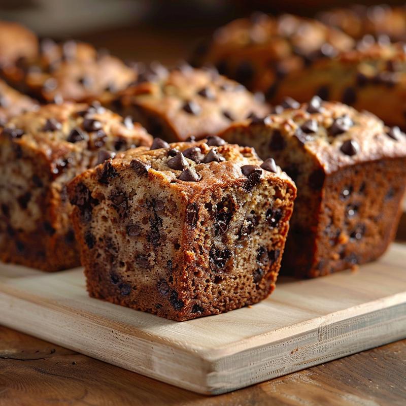 Close-up of mini loaves of chocolate chip banana bread on a wooden board.